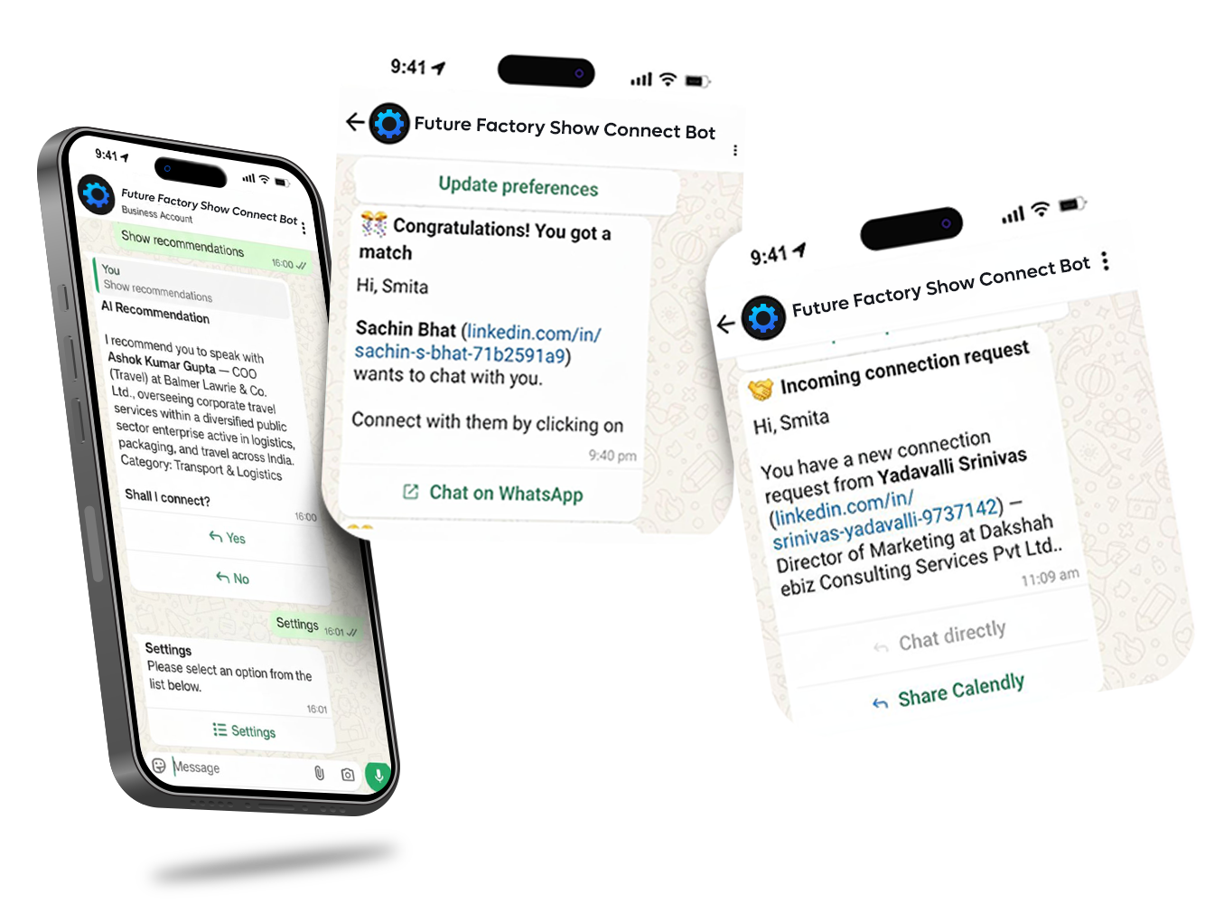 WhatsApp networking interface showing AI matchmaking